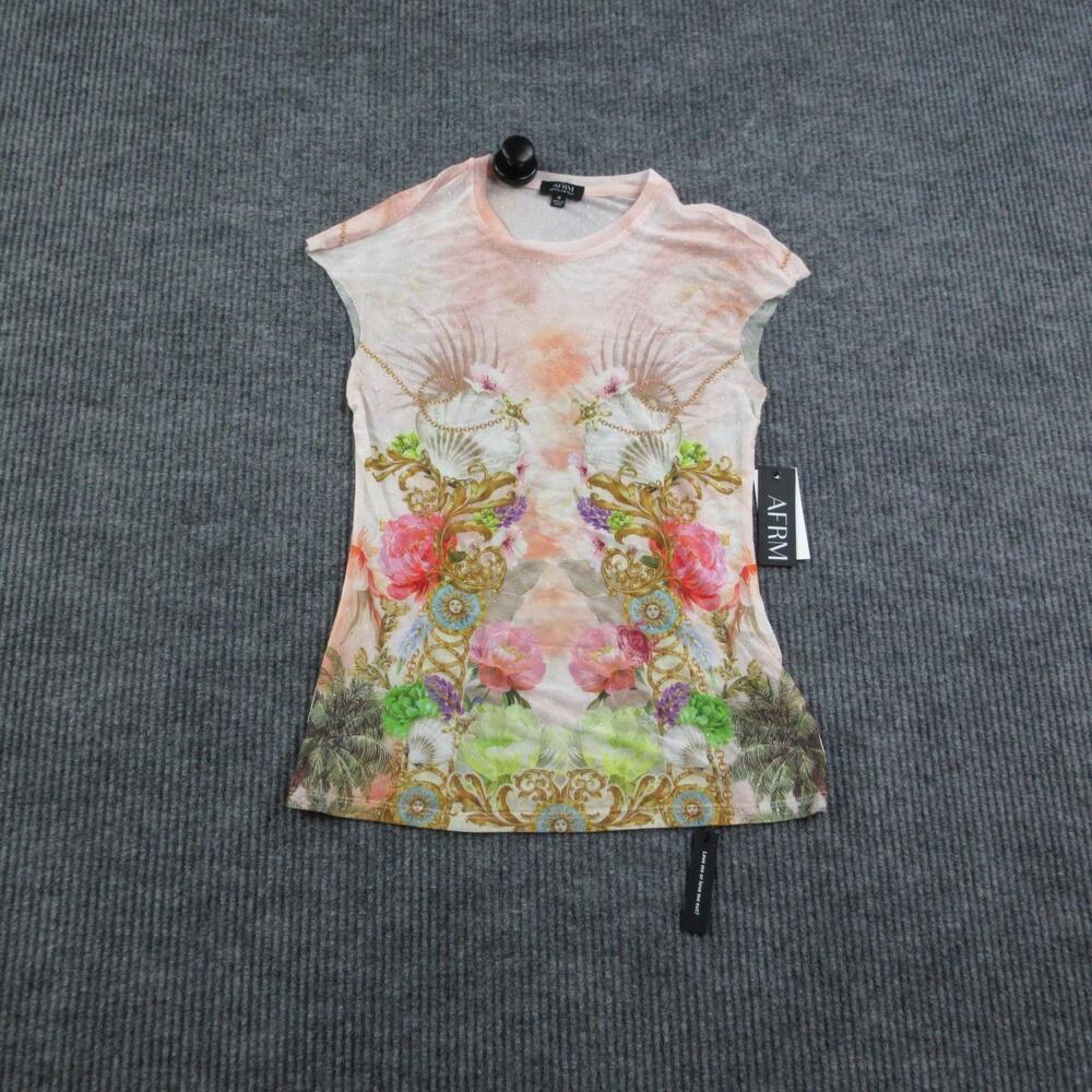 AFRM Shirt Womens M Pink Floral Mesh Rhinestone Sheer Slim Stretch NWT